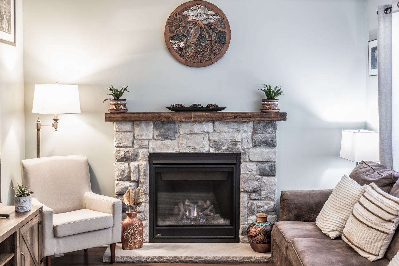 Renovated fireplace stonework.