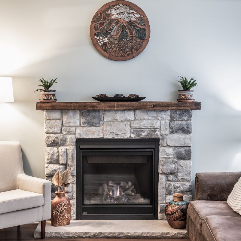 Renovated fireplace stonework.