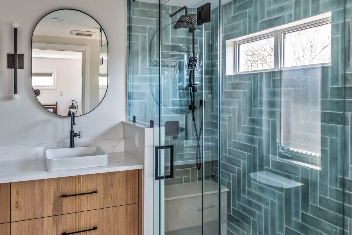 Glass shower in a renovated Westboro home.