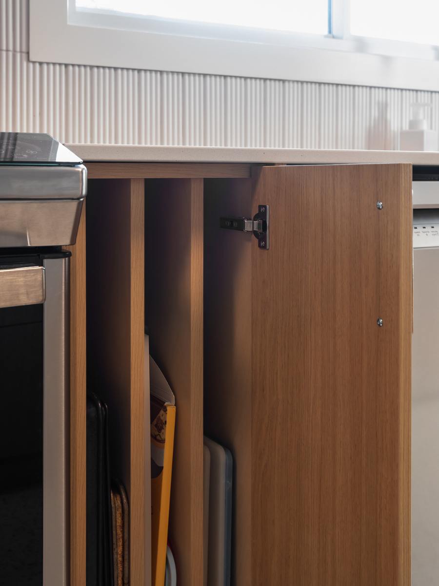 Up close storage detail in renovated kitchen.